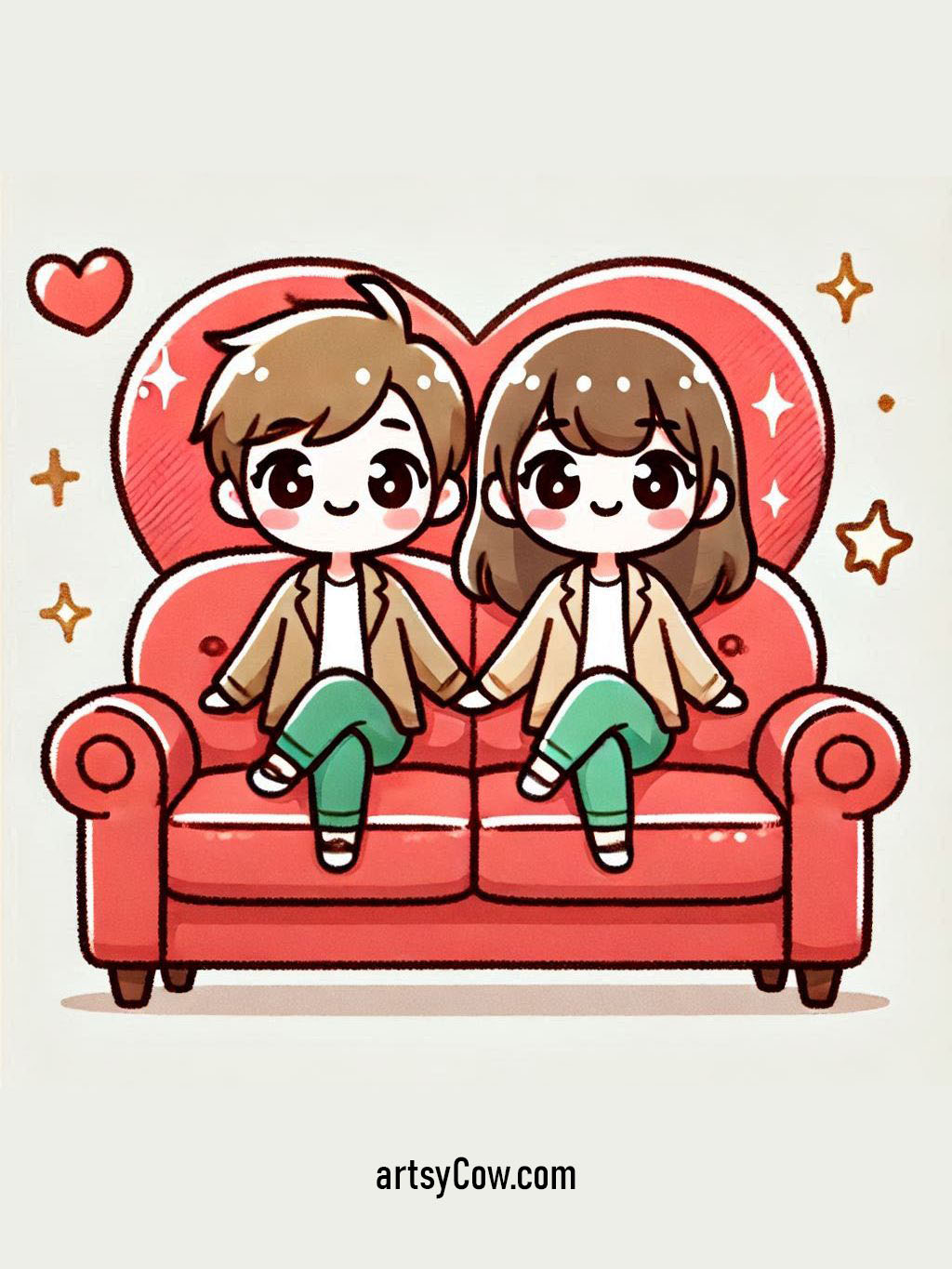 Valentines drawings with couple sitting on a heart-shaped sofa, both smiling and holding hands.